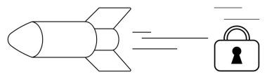 Roket hızlı hareket halatlarıyla asma kilide doğru hızla ilerliyor. Siber güvenlik, veri koruması, hız, teknoloji, yenilik, savunma, güvenli iletişim temaları için ideal. Satır metaforu
