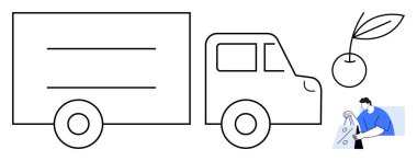 Teslimat kamyonunun taslağı, yapraklı kiraz ve kerpeten kullanan bir işçi. Lojistik, gıda teslimatı, tarım, işçilik, ulaşım el işi sanayi operasyonları için idealdir. Satır metaforu