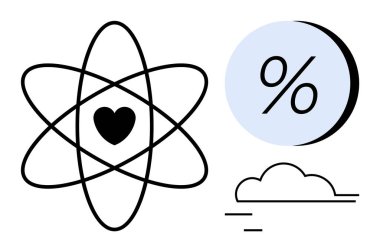 Mavi bir çemberin içindeki yüzde işareti simgesinin yanında atomik kalp sembolü ve çizgileri olan minimalist bir bulut. Bilim kavramları, aşk ölçümleri, hava raporları, istatistiksel analizler için ideal