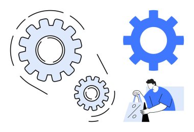 Takım çalışmasını ve işlem verimliliğini gösteren vitesler, elinde indirim etiketli alışveriş çantası, satış ve ticareti sembolize ediyor. İş stratejisi, takım çalışması, pazarlama, satış ve e-ticaret için ideal
