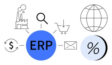 Mavideki ERP simgesi endüstriye bağlı, büyüteç, alışveriş arabası, zarf, dünya, yüzde sembol, para birimi döngüsü. Ticari çözümler, veri entegrasyonu, imalat ve e-ticaret için ideal