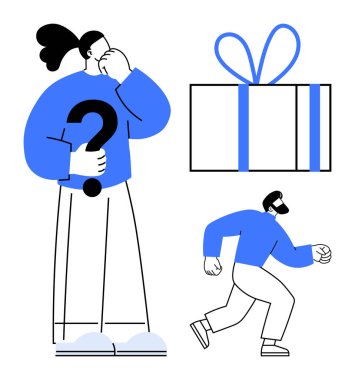 Soru işaretiyle kafası karışmış bir karakter, kurdeleyle bağlanmış hediye kutusu, koşan biri. Problem çözme, kafa karışıklığı, karar verme, hediye verme, gizemli acil ikilem için idealdir. Satır metaforu