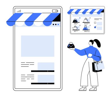 Alışveriş çantası ve ürünü elinde tutan kadın cep telefonunda büyük bir e-ticaret sitesi sergileniyor. Çevrimiçi alışveriş, e-ticaret, dijital pazarlama, mobil alışveriş, müşteri
