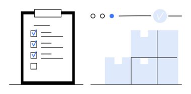 İşaretli kutular ve istiflenmiş paketlerin yanında kontrol listesi panosu. Lojistik, envanter takibi, tedarik zinciri depo yönetimi, kalite kontrol, dağıtım sistemleri için ideal. Satır metaforu