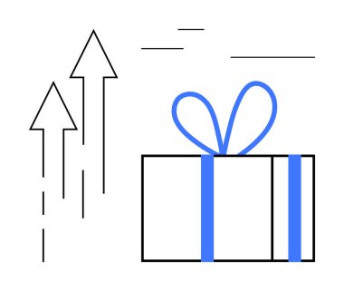 Üç yükselen okun yanında mavi kurdeleyle paketlenmiş bir hediye. Büyüme, ilerleme, başarı, başarı, ödül, kutlama ve motivasyon için idealdir. Satır metaforu