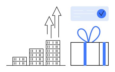 Yukarı doğru büyümeyi gösteren oklar, ödülleri sembolize eden büyük hediye kutusu ve bir işaret. Ticari başarı, teşvikler, hedefler, pazarlama stratejileri, finansal büyüme, ödüller için ideal