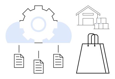 Depo ve alışveriş çantasının yanındaki mavi bulutta bağlı dosyalar. E-ticaret, perakende satış, bulut hizmetleri, envanter yönetimi, lojistik, tedarik zinciri çevrimiçi alışveriş için ideal. Çizgi