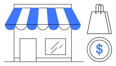 Mavi çizgili güneşlikli vitrin, cam vitrin ve alışveriş kapısı artı çanta ve bir dolarlık madeni para. Perakende, iş, küçük işletme, alışveriş, e-ticaret para birimi için ideal. Çizgi