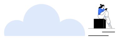 Blokta oturan bir kadın büyük bir bulut şeklinin yanında tablet okuyor. Teknoloji, bulut hesaplama, uzak çalışma, dijital depolama, çevrimiçi öğrenme, dijital yaşam tarzı, bağlantı için ideal. Çizgi