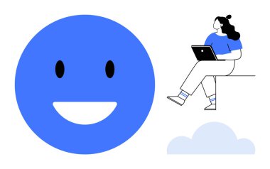 Platformun kenarında dizüstü bilgisayar kullanan ve yanında bulut sembolü olan birinin yanında duran büyük mavi mutlu yüz. Dijital iletişim için ideal, çevrimiçi öğrenme, sosyal medya, olumlu duygular