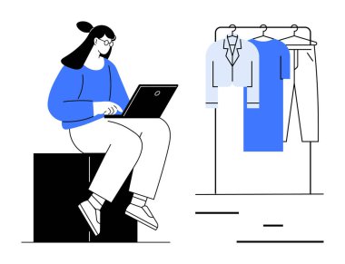 Bir kutuda oturan kadın dizüstü bilgisayarda çalışıyor ve gömlek ve pantolon sergiliyor. Çevrimiçi alışveriş, moda tasarımı, e-ticaret, uzaktan çalışma, teknoloji ve perakende temaları için ideal. Çizgi
