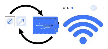 Devre dizaynlı dijital cüzdan, veri transferini gösteren çift yönlü oklar ve kablosuz bağlantı simgesi. Dijital işlemler, mobil ödemeler, güvenli bağlantılar ve veri paylaşımı için ideal