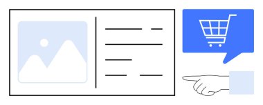 Resimli ürün listesi, metin detayları, alışveriş arabası ikonu içeren mavi konuşma balonuna el işareti. E-ticaret, perakende satış, web tasarım konseptleri, çevrimiçi alışveriş kılavuzları, dijital