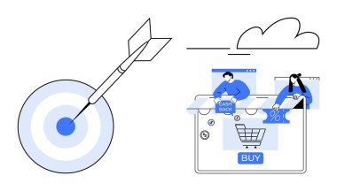 Bullseye with dart hitting center. Online shopping cart and related icons representing digital purchasing and sales. Ideal for marketing, sales, e-commerce, retail, consumer behavior, digital