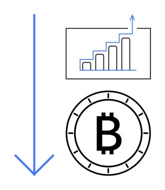 Dairesel dizaynlı bitcoin sembolü, yukarı doğru mavi oklu büyüme grafiği ve aşağı doğru büyük mavi ok. Kripto para birimi analizi, yatırım, pazar eğilimleri, finans eğitimi, ekonomik