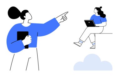 Ayakta duran ve elinde tablet, elinde dizüstü bilgisayarla oturan biri. Takım çalışması, işbirliği, teknoloji, uzaktan çalışma, dijital yenilik, eğitim ve bulut hesaplama için ideal