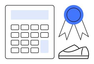 Hesap makinesi, ödül kurdelesi ve iş verimliliği ve başarı unsurları. İş stratejisi, finans, kurumsal başarı, başarı, üretkenlik, organizasyon için ideal