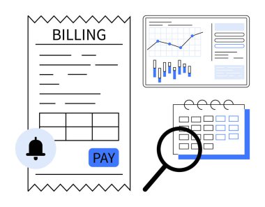 Fatura makbuzu Ödeme düğmesi, bar ve çizgi grafikleri, büyüteç, tarihli takvim. Bütçe, mali planlama, fatura, ödeme hatırlatıcıları, masraf için ideal