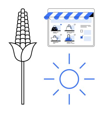 E-commerce website with storefront awning, shopping icons, corn plant, and sun illustration. Ideal for online retail, agriculture, eco-friendly e-commerce, sustainability, farming digital markets clipart