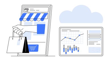 Akıllı telefondan alınan el çantaları grafikleri ve grafikleri gösteren tabletin yanında. E-ticaret, veri analizi, dijital pazarlama, bulut hesaplama, çevrimiçi iş için ideal