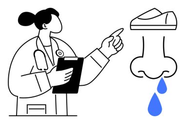 Elinde pano olan doktor, burnu mavi damlacıklarla akan burnu sembolize ediyor. Tıbbi, sağlık, alerji, sinüs sorunları, teşhis, hasta bakımı, eğitim içeriği için idealdir. Çizgi