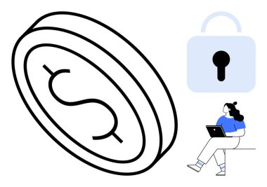 Dolar işareti, asma kilit ve dizüstü bilgisayar kullanan biri. Finans güvenliği, çevrimiçi işlemler, siber güvenlik, dijital bankacılık, kişisel finans, yatırım, teknoloji için idealdir. Satır metaforu