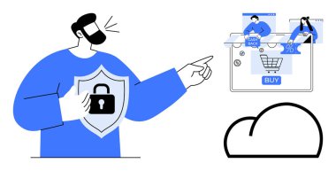 Adam kalkanı kilitli tutuyor, online alışveriş arabasında puanlar indirimli teklifler ve bir bulutun içinde nakit para. Çevrimiçi güvenlik, e-ticaret, dijital pazarlama, veri koruması, siber güvenlik için ideal