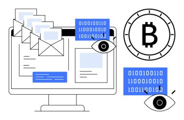 Elektronik postaları, ikili kodları, Bitcoin sembolleri ve grafik olarak temsil edilen gözetleme sembolleri olan bilgisayar monitörü. Siber güvenlik, e-posta koruması, veri güvenliği, kripto para birimi, dijital gizlilik için ideal