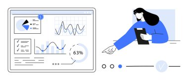 Businesswoman in blue analyzing charts, graphs, and data analytics on a digital interface. Ideal for business analysis, data visualization, project management, financial reports, teamwork, corporate clipart