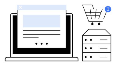 Web sayfası dizüstü bilgisayarı, bilgilendirme rozetli alışveriş arabası ve sunucu simgesi. Çevrimiçi alışveriş, e-ticaret platformları, web geliştirme, dijital pazarlama, bulut hesaplama, veritabanı için ideal