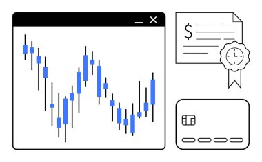Mavi veri çubukları ile mali ticaret şeması, içinde kurdele ve saat olan sertifika ve çipli kredi kartı. Finans, ticaret, yatırım, bankacılık, sertifikalar, e-ticaret için ideal