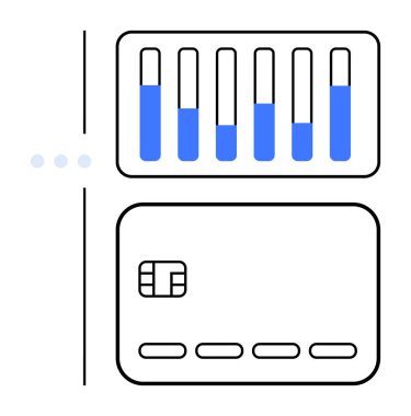 Barın altındaki kredi kartında finansal analizi ve iş büyümesini temsil eden mavi noktalar var. Finans, bankacılık, yatırım, bütçe izleme, veri yönetimi, finans için ideal