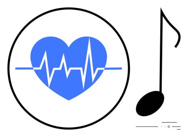Müzik notasının yanındaki çemberin içinde ECG çizgisi olan mavi kalp. Sağlık, sağlık, müzik terapisi, kardiyoloji, akıl sağlığı, spor ve rahatlama konuları için idealdir. Satır metaforu