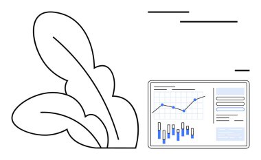 Büyük bitki yapraklarının yanında dijital torpido gözünde çizgi ve çizgi grafikleri var. Ticari büyüme, veri analizi, sürdürülebilirlik, eko-ticaret, teknoloji entegrasyonu, pazar eğilimleri, çevre