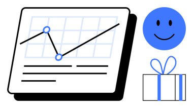Mavi mutlu yüze ve hediye kutusuna bitişik yükselen trend çizgisi olan iş büyüme tablosu. Başarı, büyüme, ödül, motivasyon, iş performansı, çalışan tanıma için ideal, pozitif