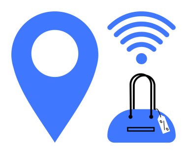 Mavi lokasyon şifresi, kablosuz sinyal ve fiyat etiketli alışveriş çantası. E-ticaret için ideal, çevrimiçi alışveriş, konum hizmetleri, kablosuz bağlantı, teknoloji entegrasyonu, perakende lojistik modern