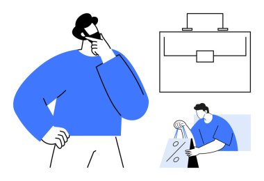 İş adamı, eli çenesinde, evrak çantasının taslağı, indirimli etiketli alışveriş torbalarıyla uğraşıyor. İş stratejisi, karar verme, kurumsal kimlik, alışveriş, perakende için ideal