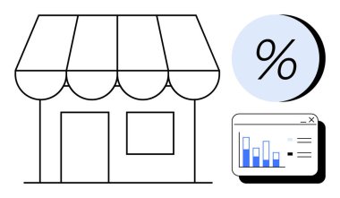 Depo önü tenteli, mavi daireli yüzde işareti ve ekranında mavi çizgileri olan veri tablosu. İş analizleri, perakende, satış stratejisi, ekonomi, küçük işletmeler ve finans için ideal