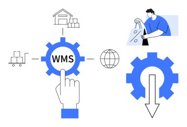 WMS dişli ikonuna el işaretleri, kutularla dolu depo, el arabası, dünya, çanta taşıyan işçi, ok teçhizatı. Lojistik, otomasyon, e-ticaret envanter tedarik zinciri dağıtım işlemleri için ideal