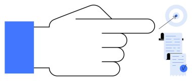 Mavi simgeli ve hedef sembollü belgeleri işaret ediyor. İş için ideal, verimlilik, hedefler, görevler, başarılar. Temiz, minimalist, düz stil