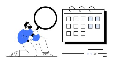 Büyüteçle takvimin önünde diz çöküp belirli tarihleri vurgulayan bir adam. Zamanlama, planlama, atamalar, teslim tarihi izleme, verimlilik, proje yönetimi, etkinlik için ideal