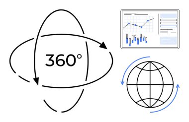 360 derecelik ok içerikli metin, oklu dönen dünya ve veri analizi grafik elementleri. Veri analizi için ideal, küresel strateji, etkileşimli sunumlar, sanal gerçeklik, kapsamlı