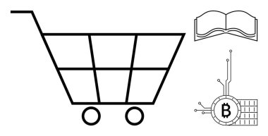 İçinde bir kitap ikonu ve kripto para birimi engelleme sembolü olan bir alışveriş arabası taslağı. Çevrimiçi alışveriş, e-ticaret, dijital para birimi, engelleme teknolojisi ve dijital eğitim temaları için ideal. Basit.