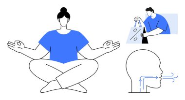 İnsan meditasyonu, alışveriş yapan başka biri ve nefes alma diyagramı. Farkındalık, alışveriş, sağlık, stres, zihinsel sağlık yaşam tarzı ve sağlık için ideal. Satır metaforu