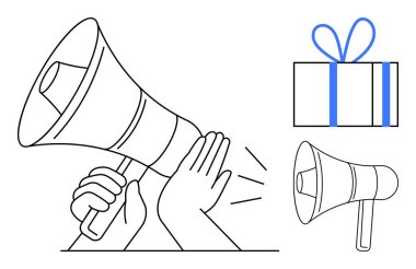 Megafonun yanında el ele tutuşup el çırpmak, fiyonklu bir hediye kutusu ve daha küçük bir megafon. Pazarlama, promosyon, reklam, kutlama, duyuru etkinlikleri iletişimi için idealdir. Çizgi
