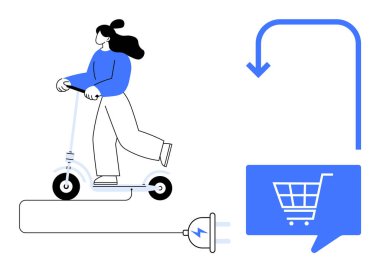 Elektrikli scooter kullanan bir kadın şarj olurken, alışveriş arabası ikonu ve aşağı doğru ok kullanıyor. E-ticaret, sürdürülebilirlik, teknoloji, ulaşım, çevre dostu alternatifler için ideal