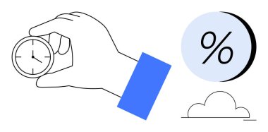 Elinizde küçük bir saat, yüzde işareti ve bir bulut simgesi var. Üretkenlik, verimlilik, ticaret, finans, bulut hesaplama, analitik ve programlama konuları için idealdir. Satır metaforu