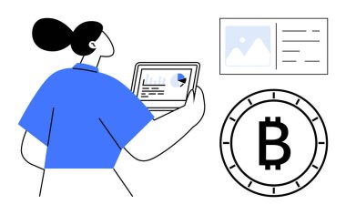 Kadının elinde veri ve çizelgeleri, Bitcoin sembolünü ve bilgi ekranını gösteren tablet var. Finans, kripto para birimi, engelleme zinciri, teknoloji eğitimi, yatırım, dijital ekonomi, veri analizi için ideal