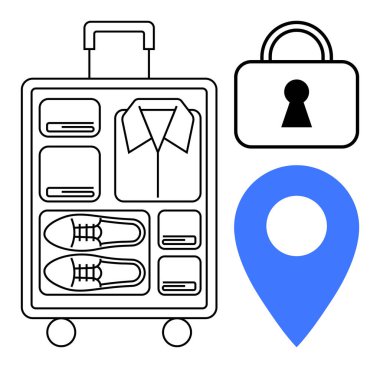 Travel suitcase with organized compartments for clothes and shoes, next to a padlock and blue location pin. Ideal for travel planning, vacation packing, security tips, organization, adventure clipart