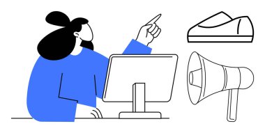 Mavi tişörtlü bir kadın yakınlarda bir yerde bilgisayar monitörünü işaret ediyor. Pazarlama, iletişim, çevrimiçi alışveriş, e-ticaret, sosyal medya, müşteri ilişkileri, işyeri